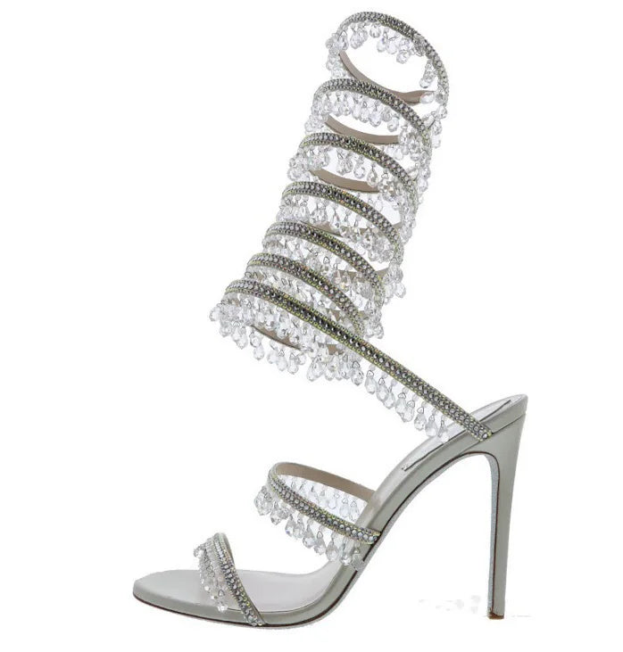 Thin high-heeled sandals summer new snake-shaped wrapped crystal pendant fringed rhinestone shoes banquet large-size women shoes