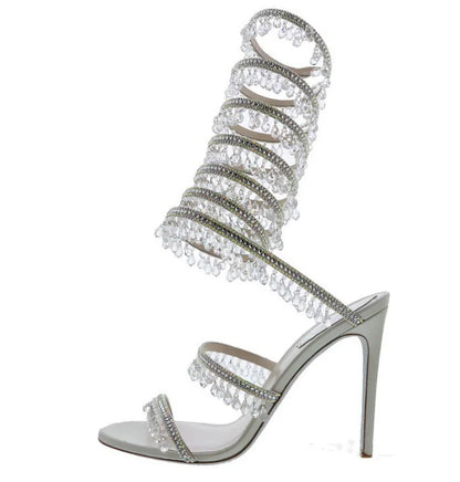 Thin high-heeled sandals summer new snake-shaped wrapped crystal pendant fringed rhinestone shoes banquet large-size women shoes
