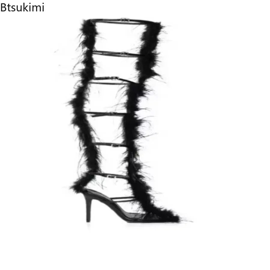 Gladiator Wrap Fur Sandals Women Party Buckle Strap Pointed Open Toe Over The Knee Shoes Female Sexy Stiletto High Heels Sandals