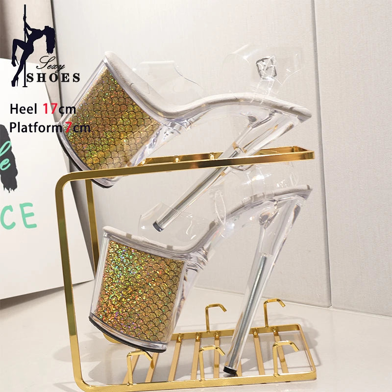 High-quality 17CM/7inches Women Sandals Stripper High Heel Shoes Transparent Platform Glitter Stiletto Pole Dance Shoes Wedding
