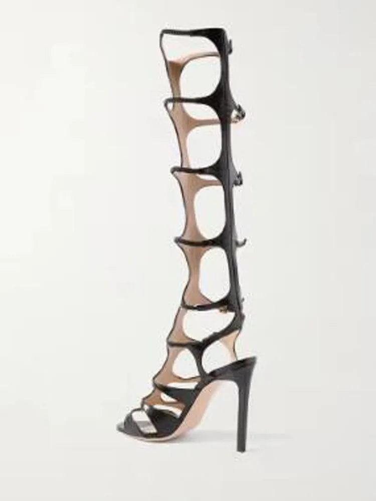 Sexy Black Snake Pattern Leather Hollow Straps Buckles Sandals Open Toe Stiletto Heels Knee High Sandals Boots Women Long Boots