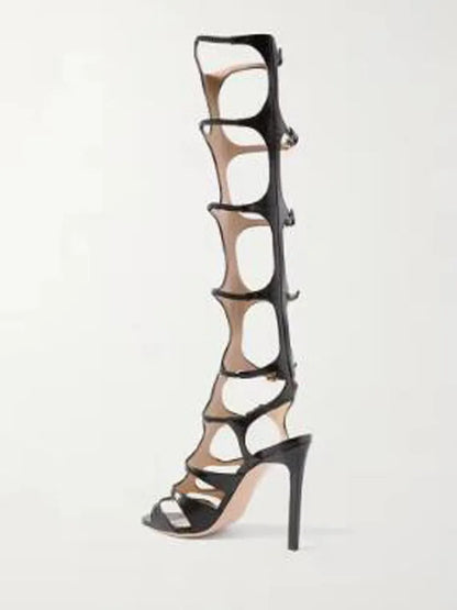 Sexy Black Snake Pattern Leather Hollow Straps Buckles Sandals Open Toe Stiletto Heels Knee High Sandals Boots Women Long Boots