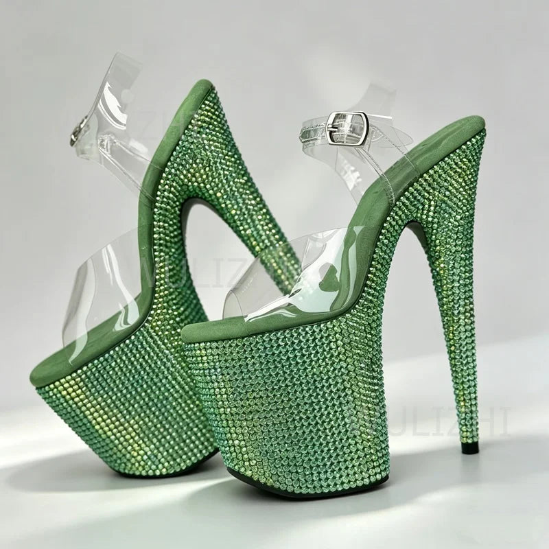 Rose Pink Crystal Diamond Sandals Sparkling Women Blue Jewel Green Yellow Custom Buckle Heels 17cm 7 Inch Open Pole Dancing Shoe