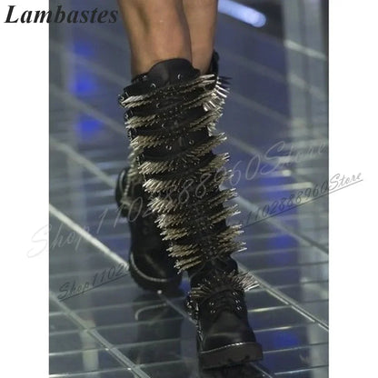 Runway Knee High Black Cross Tied Rivet Boots Flat With Shoes For Women Side Zipper Round Toe 2024 Fashionable Zapatillas Mujer