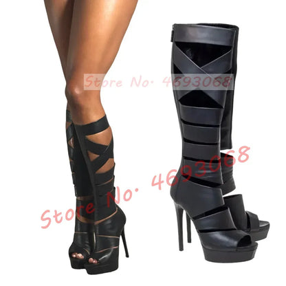 Grey Platform Gladiator Sandal Boots Women Cross Belts High Heel Open Toe Boots Ladies Fashion Puttee Back Zipper Knee High Shoe