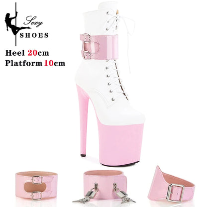 Sexy 20CM/8inches Women Ankle Boots Platform High Heels Strappy Fetish Stripper Shoes Lock Belt Buckle Pole Dance Models Boots